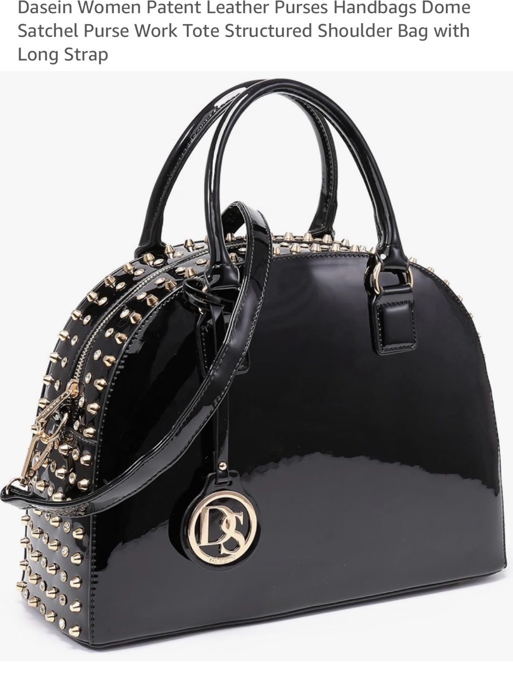 Patent Dome Satchel Handbag with Gold Stud Accents - Black